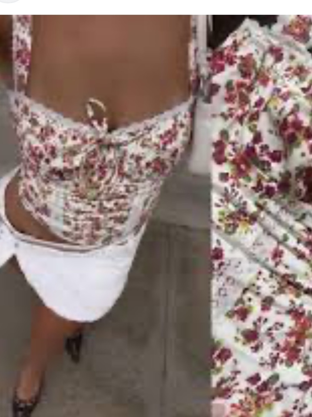 Forever 21 White Floral Drawstring Top with Red & Green Print